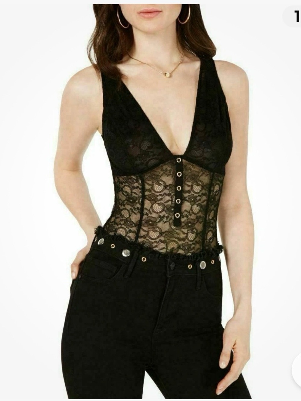 Guess Luma Lace Thong Bodysuit Top Black (Small)